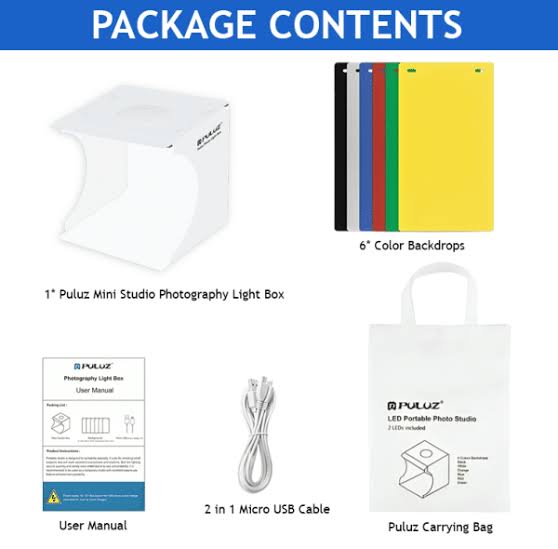 package contents PULUZ Portable LED Photo Studio Box 23cm with 2 LED Lights